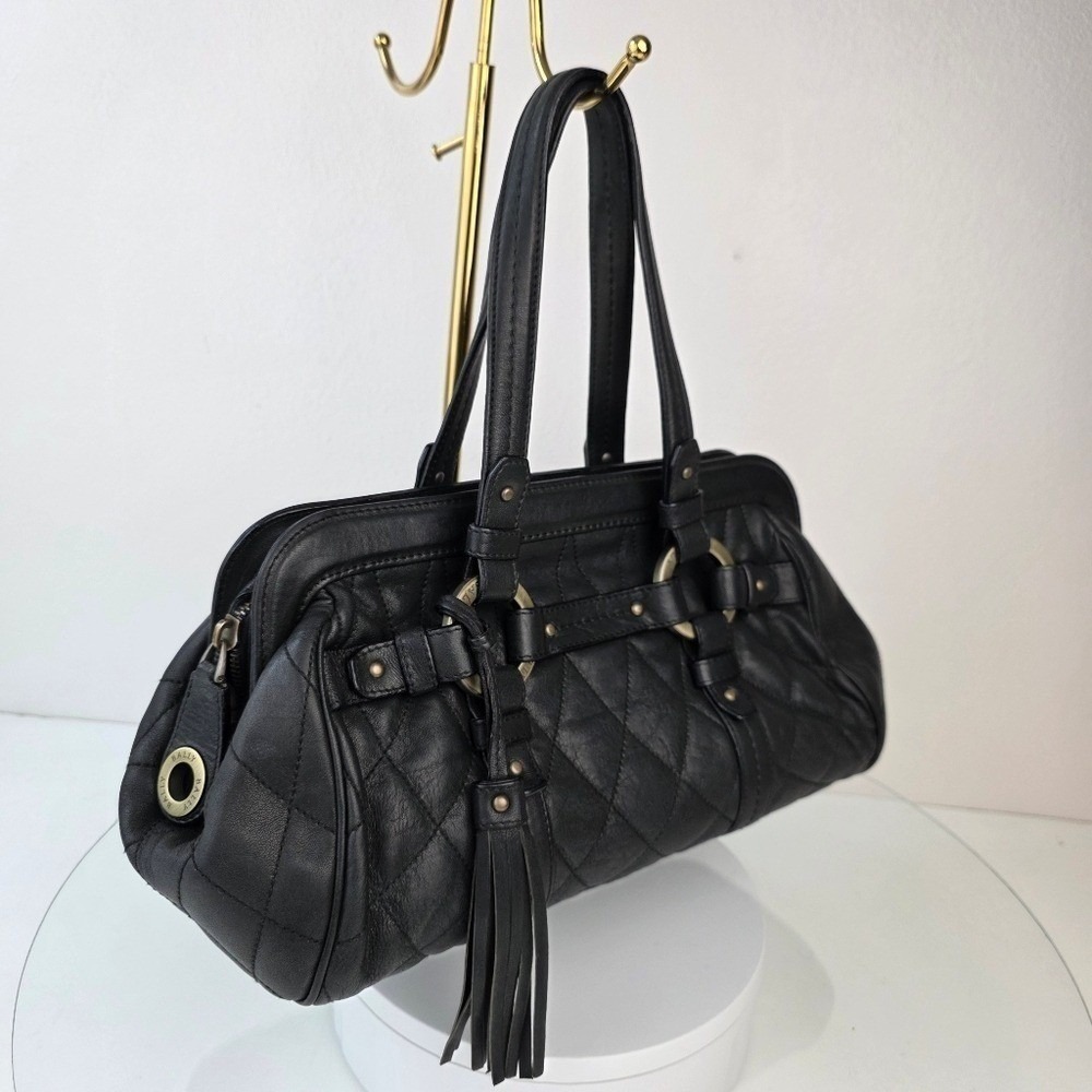 Bally Quilted Rosalyn Tassell Satchel Baguette Handbag Black Leather